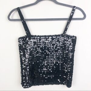 NIGHT LIGHTS | Vintage Fully Sequined Black Crop Top Tank Stretchy Women’s M